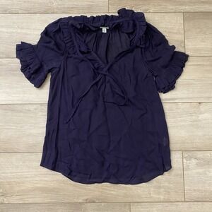 Anthro Odille Ruffle Neck Cuff Purple Tunic Top Size 2 Front Tie